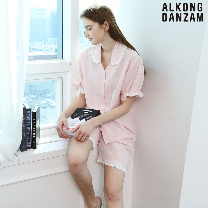 알콩단잠 여자파자마 씨쉘 면모달 반팔 여름잠옷 라운지웨어 (셔츠형) 핑크